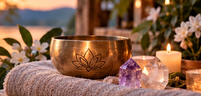 Calming lakeside wellness scene with singing bowl, candle and flowers